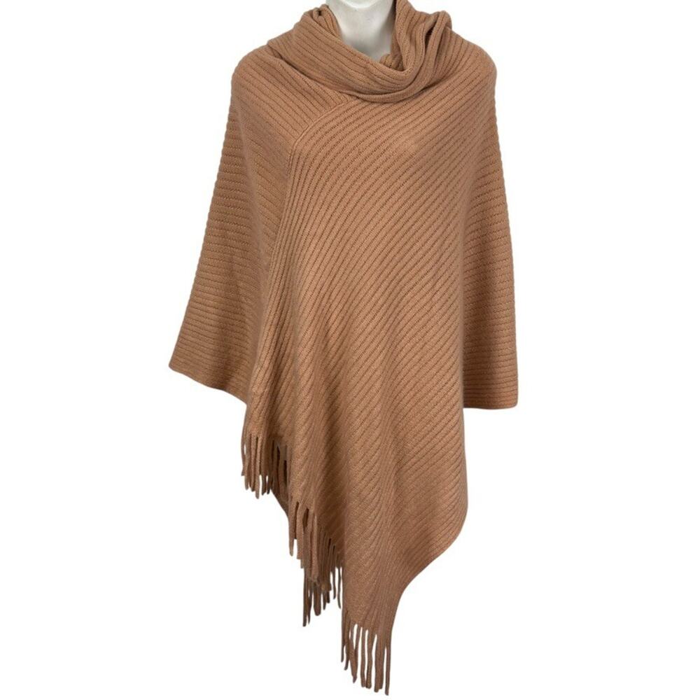 Chicos Ribbed Asymmetrical Fringe Cowl Neck Poncho Pullover Sweater sz O / S